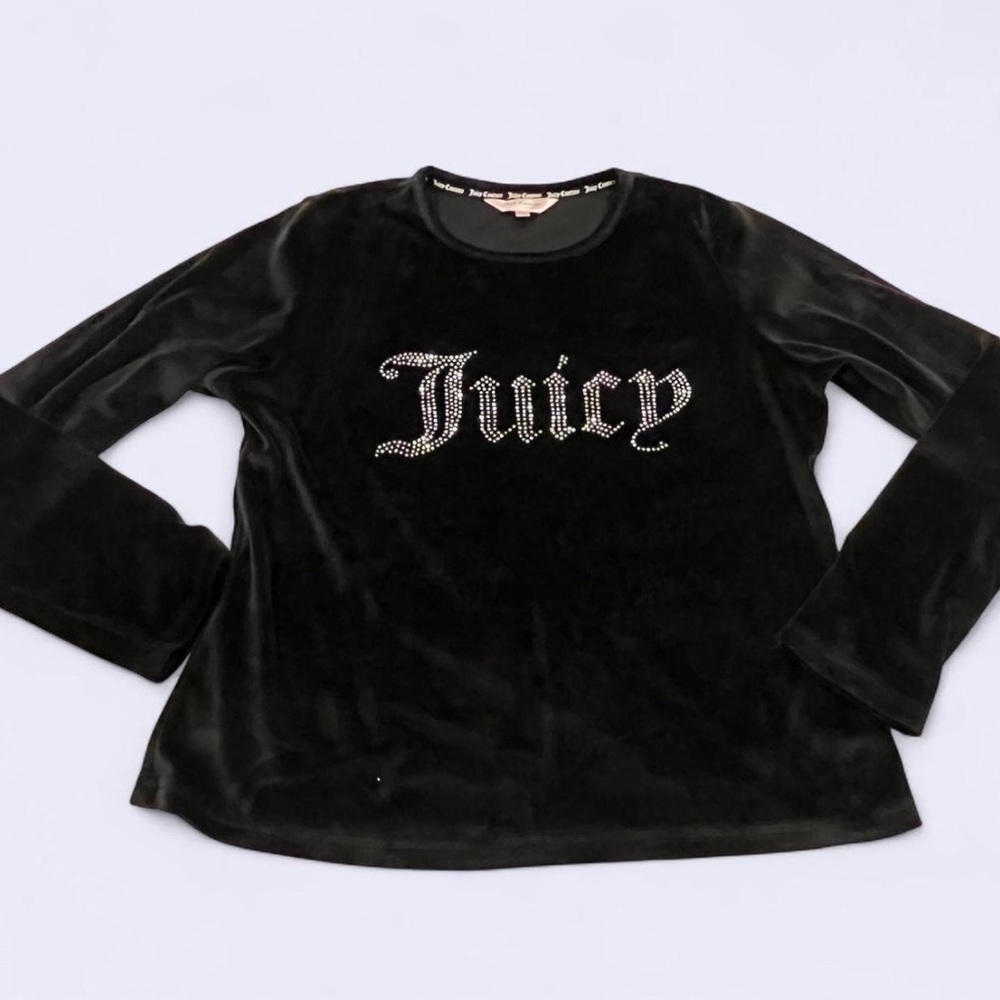 Juicy Couture Black Velvet Long Sleeve Top Rhinestones Sparkly